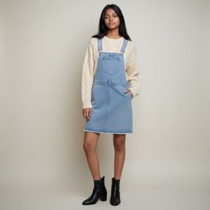 Cotton On Denim Overall Dress Frayed Hem Mini Dress Sleeveless Jean Jumper Dress